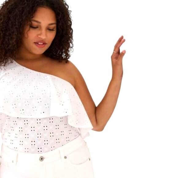 Torrid Plus Size Jersy White One Shoulder Ruffle Summer Eyelet Top. - Picture 2 of 16
